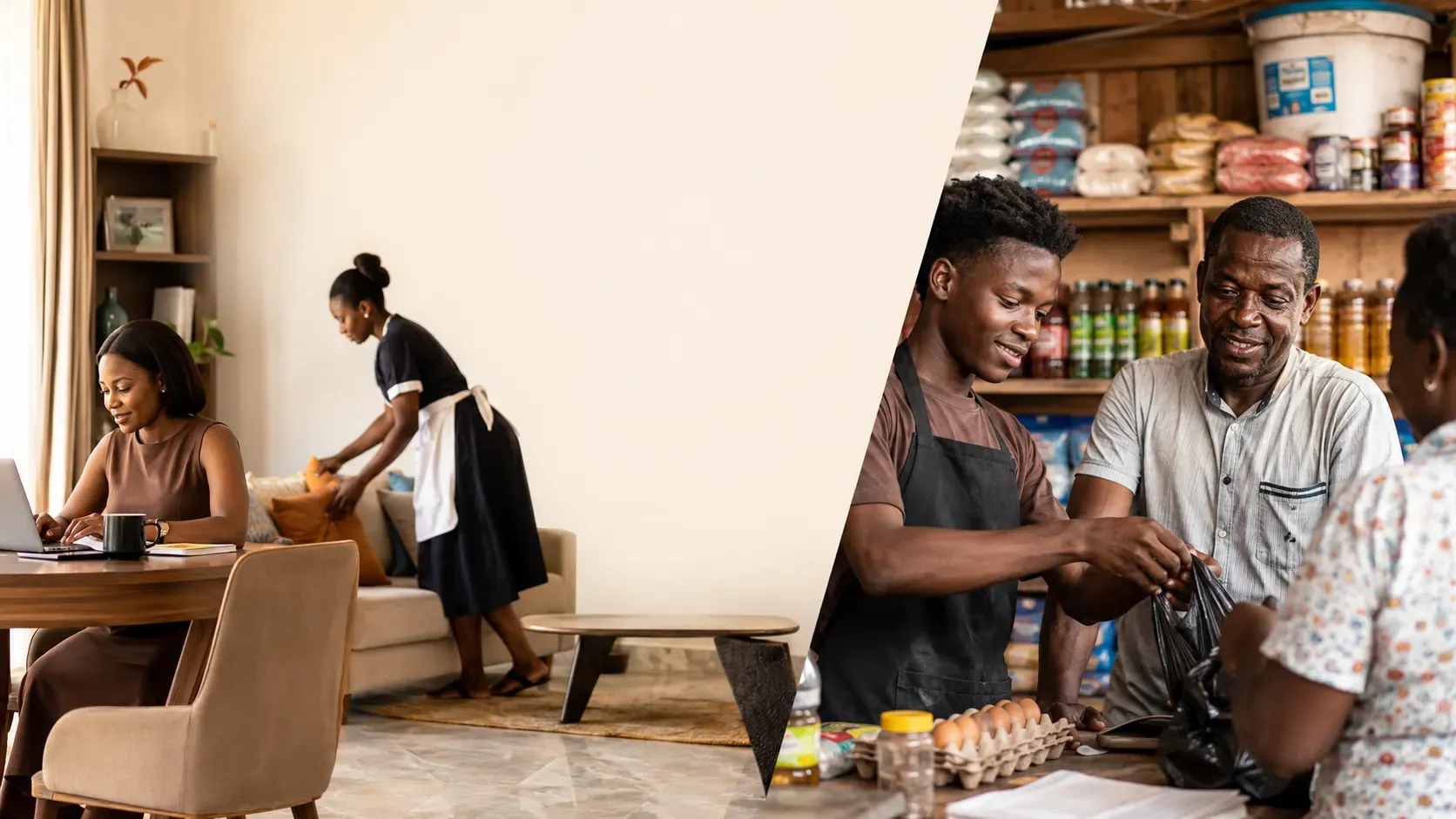On one side, a woman works at a laptop while a house help tidies the room behind her. On the other, a shop attendant bags goods for customers across a provisions counter.